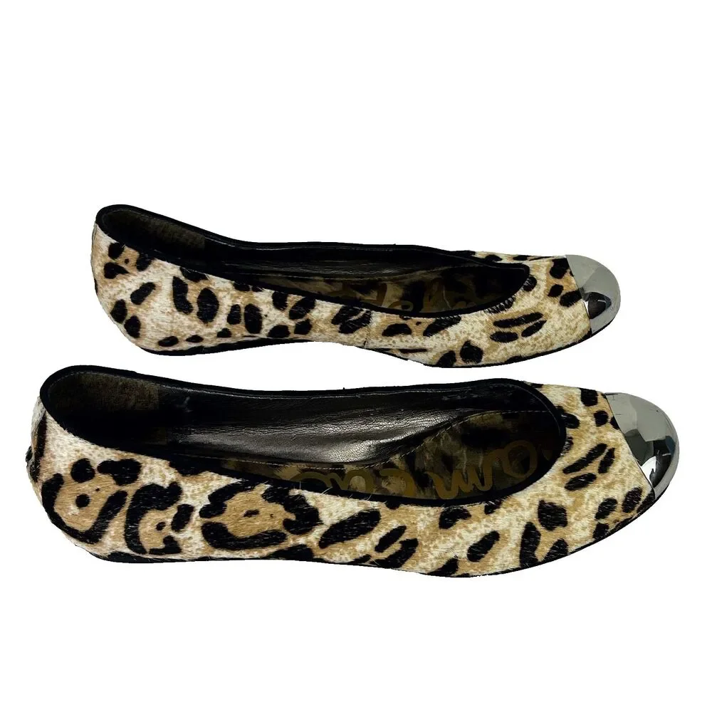 Sam Edelman Jordie Leopard Ballet Flats Calf Hair Leather Silver Cap Toe Shoes 8